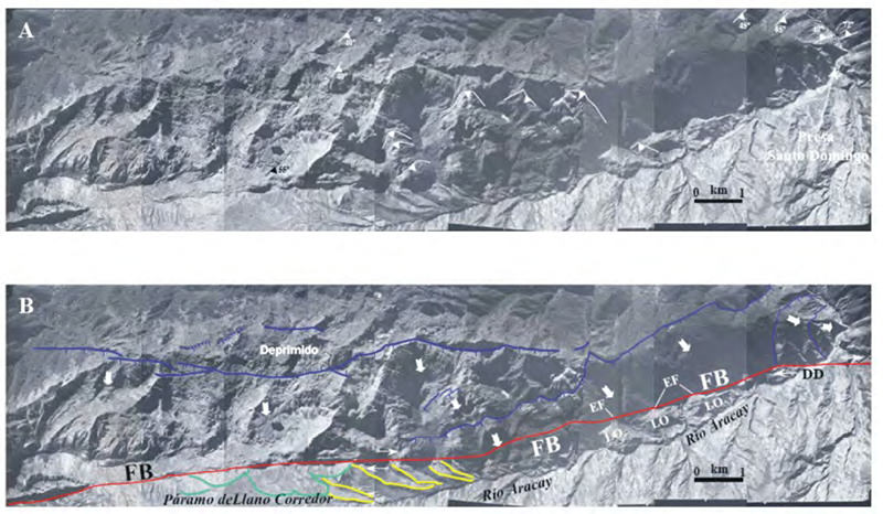 Figura 4. Fotomosaico áereo del Cerro La Camacha, armado a partir de las fotos 091-100 de la misión 010455 (Cortesía de Cartografía Nacional; actualmente IGVSB). Su ubicación relativa se muestra en la figura 1. A) Vista aérea del Cerro La Camacha, indicando el emplazamiento de la presa de Santo Domingo. Nótese la expresión morfológica muy clara de la falla de Boconó a través de distintos ambientes. B) Cartografía de los “sackungen” translacionales de La Camacha, igual que del deslizamiento rotacional pequeño afectando el sitio de presa. La traza de la falla de Boconó también se indica, la cual desplaza dextralmente varias morrenas del LGM y post-LGM en el páramo de Llano Corredor. Grandes lomos de obturación (LO) y ensilladuras de falla (EF) próximos a la presa delínean la falla. La leyenda de colores para las líneas de cresta de las morrenas es la misma que en la figura 2. DD: drenaje desplazado (bayoneta dextral del río Aracay).