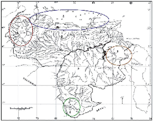 Figura 1. Mapa de Venezuela mostrando la vasta red hidrológica y las cuencas hidrográficas más importantes del país: 1. Maracaibo; 2. Caribe; 3. Cuyuní; 4. Casiquiare-Río Negro; 5. Orinoco.