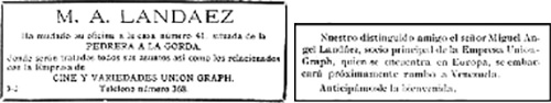 Figura 2. El Nuevo Diario. Caracas, 9-8-1914, p. 6 y Teatro y Cine. Caracas, N°3, 10-12-1914, p. 59