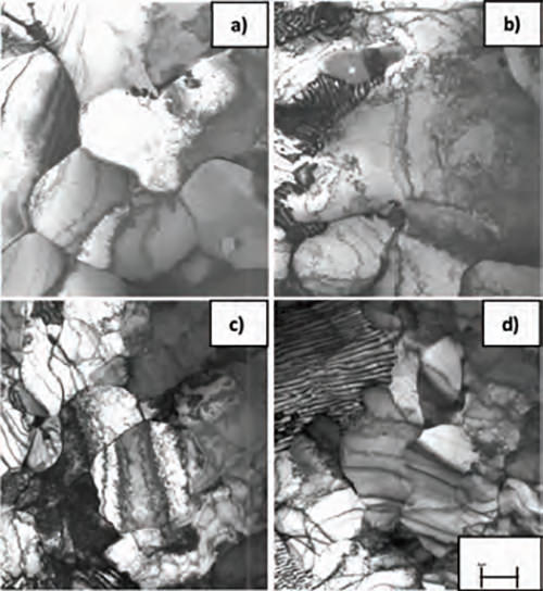 Figura 8. Micrografías por MET de las muestras de acero laminado en caliente (SL): a) b) Sin Nb y c) d) Con Nb, donde se presenta una mayor densidad de dislocaciones en los límites y dentro de las celdas.