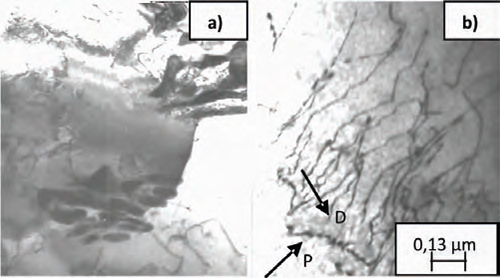 Figura 10. Micrografías por MET de las muestras de acero laminado en caliente (SL) con Nb, donde se observan: a) Dislocaciones, granos de ferrita y perlita fragmentada. b) Precipitados (P) muy finos asociados a las dislocaciones (1cm ≈ 0,25µm).