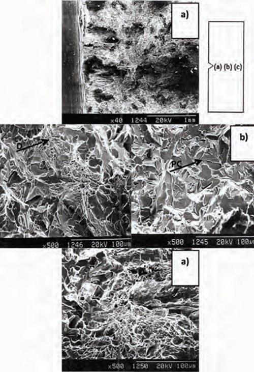 Figura 17. Fractografias por MEB mostrando la superficie de una probeta ensayada por impacto