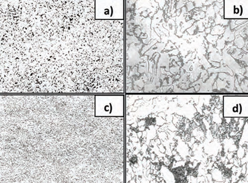 Figura 3. Micrografias por MO de las muestras de acero laminado en caliente (SL): a) Sin Nb (100X) b) Sin Nb (1000X) c) Con Nb (100X) d) Con Nb (1000X).