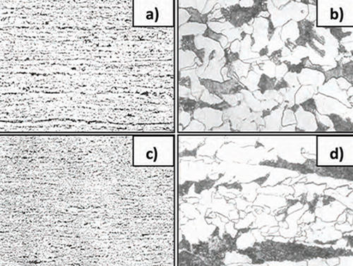Figura 4. Micrografías por MO de las muestras de acero laminado en caliente (ST): a) Sin Nb (100X) b) Sin Nb (1000X) c) Con Nb (100X) d) Con Nb (1000X).