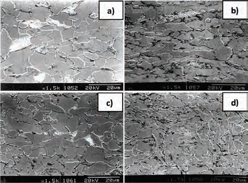 Figura 7. Micrografias por MEB de las muestras de acero laminado en caliente de la sección longitudinal: a) Sin Nb; b) Con Nb y de la sección transversal: c) Sin Nb; d) Con Nb. Se observa la presencia de ferrita más apoligonal en las muestras con Nb.