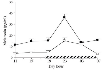 Figura 5. Variación diaria y circadiana de la concentración de la melatonina plasmática en el Bagre Sierra Oxydoras sifontesi. Cuadrados blancos: peces mantenidos bajo fotoperiodo natural. Cuadros negros: peces mantenidos en oscuridad total por 72 horas antes del experimento. La barra horizontal rayada representa el período de noche real y subjetiva (tomado de Guerrero et al. 2008a).