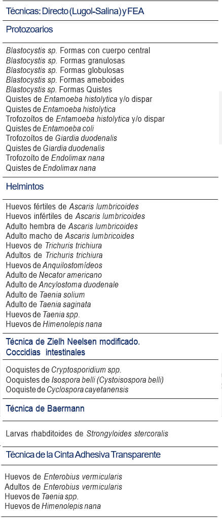 Tabla 1. Clasificación de los parásitos intestinales, según técnica coproparasitológica para su publicación en el álbum virtual
