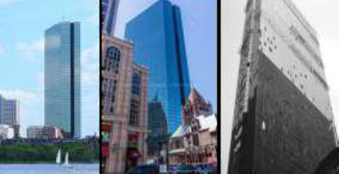 Foto: John Hancock Tower. La Biblioteca, la Torre y Trinity Church. La fachada rota.