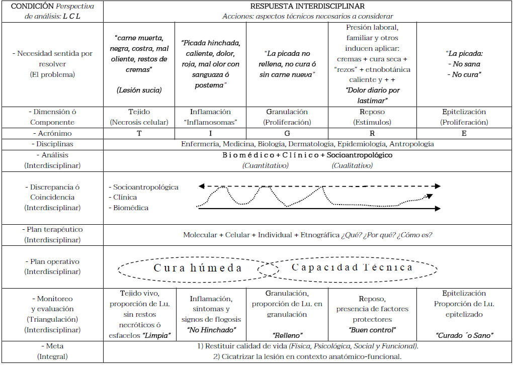 Tabla 2. Modelo Condición – Respuesta (Acción). Modelo para el tratamiento de leishmanaisis cutánea: interdisciplinariedad (biomédico, clínico y socio-antropológico).