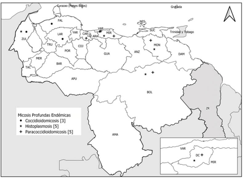 Figura 1. Distribución de las micosis profundas endémicas en Venezuela.