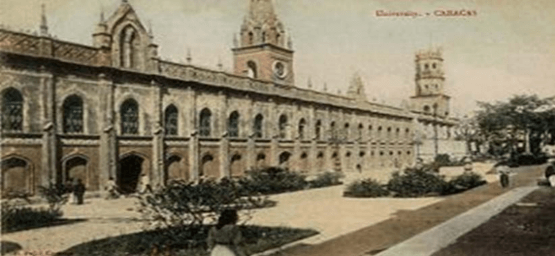 Figura N°4: Convento de San Francisco, Sede de la Universidad Central de Venezuela. Por más de 168 años (1786-1954-) Seguido por el Edif. Biblioteca Nacional (1910-), ubicada entre el Edif. de la Universidad (Convento de San Francisco) y el Palacio de las Exposiciones (1910). Edificio del Ing. Alejandro Chataing