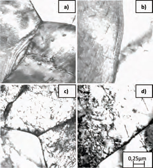 Figura 9. Micrografías por MET de las muestras de acero laminado en caliente (SL): a) b) Sin Nb y c) d) Con Nb, donde se presenta una mayor densidad de dislocaciones en los límites y dentro de las celdas, así como precipitados finos en los límites y asociados a las dislocaciones (1cm ≈ 0,25µm).