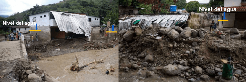 Figura 4. Marcas de agua dejadas por flujos de crecientes que escurrieron por la planicie inundable, ocupada por viviendas. Izquierda: río Zorquera el 11/11/20, en el municipio de Zorca, San Cristóbal, Estado Táchira. Derecha: río Manguito el 17/11/20 en el barrio El Pinal, en El Limón, Estado Aragua (fotografías extraídas de Internet).