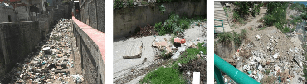 Figura 5. Botes de basura y escombros en quebradas de Vargas. Izquierda: quebrada de Maiquetía (La Verdad, Diario de Vargas, 14/04/16). Centro y derecha: quebrada Guanape (Protección Civil Vargas, 2014).