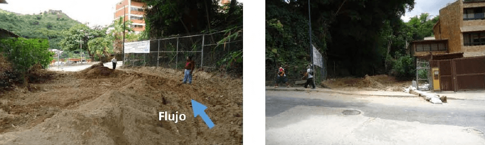 Figura 7. Izquierda: vista desde aguas arriba del tramo del cauce completamente sedimentado antes de la alcantarilla, la cual estaba totalmente enterrada por los sedimentos. Derecha: vista desde aguas abajo del cruce del cauce tributario con la Calle Los Arcos.
