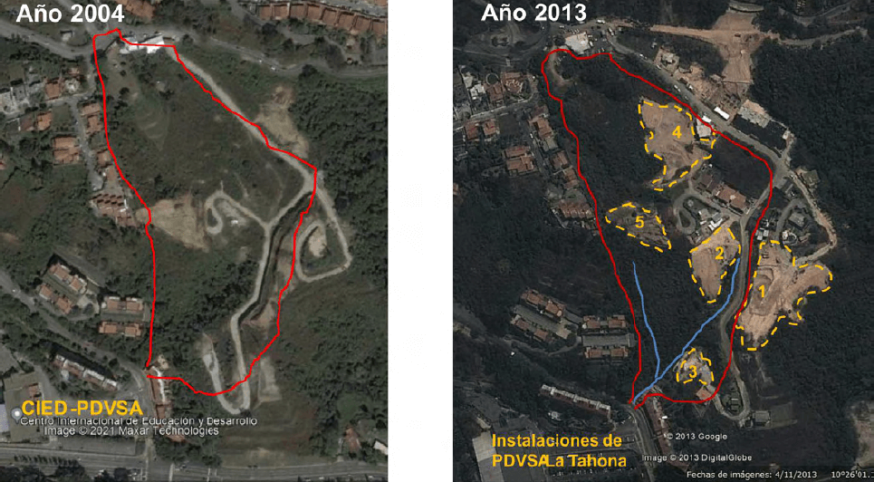 Figura 8. Vista satelital de la cuenca tributaria del pequeño afluente de la quebrada La Boyera, mostrando la situación para el año 2004 (izquierda) y para el año 2013 (derecha). En la imagen del 2013 se aprecian claramente los movimientos de tierra efectuados que causaron una sobrecarga de sedimentos durante las crecientes. Las líneas a trazos en color amarillo delimitan cinco (5) zonas donde se observan suelos desnudos por remoción de vegetación (Imágenes de Google Earth).