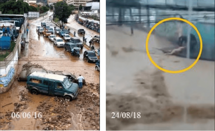 Figura 10. Daños a vehículos al final de la Avenida La Yaguara en la tormenta del 06/06/16 y rescate de una víctima arrastrada por los flujos el 24/08/18.