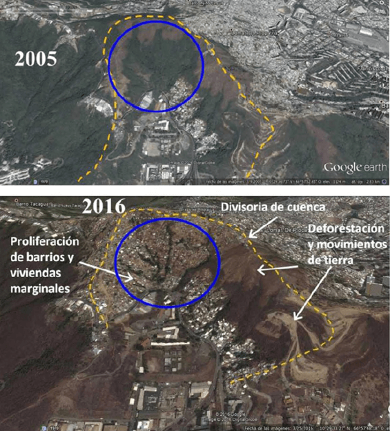 Figura 11. Vista satelital mostrando la evolución de la intervención de la microcuenca de la quebrada La Yaguara entre los años 2005 y 2016. Observe los cambios en la zona encerrada en círculo azul (imágenes de Google Earth).