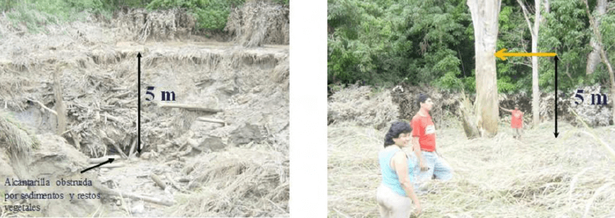 Figura 13. Izquierda: vista de la alcantarilla obstruida por restos vegetales y sedimentos, cuya profundidad de sedimentación era de aproximadamente 5 m sobre el tope del conducto. Derecha: marca sobre un árbol de la altura que alcanzaron las aguas (5 m sobre el nivel del terreno), en la laguna que se creó debido a la obstrucción.