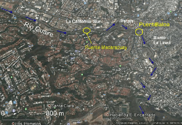 Figura 16. Tramo final de la canalización del río Guaire. La canalización termina en Puente Baloa, donde comienza el cauce natural del río.
