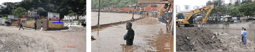 Figura 17. a) Marca de la inundación del río Guaire aguas abajo de Puente Baloa en febrero del 2005 (izquierda); b) Inundación del Guaire en el Barrio La Línea en diciembre del 2011(centro); c) Dragado del cauce en el Barrio La Línea, durante el verano del año 2012, para remover los sedimentos depositados (derecha).
