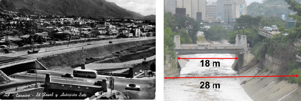Figura 18. Puente Las Mercedes sobre el río Guaire. a) Recién construido en 1945 (izquierda) (Fuente: Caracas del Ayer: Pinterest.com). b) Vista de la contracción horizontal que sufre el flujo debido a la reducción del ancho de la canalización construida a principios de los años 70 (derecha). La sección trapecial de 28 m de ancho tope se reduce a 18 m en el sitio de puente.