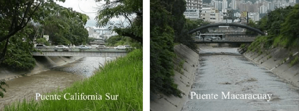 Figura 20. Contracciones verticales del cauce del río Guaire debido a la baja cota de las vigas de los puentes California Sur y Macaracuay.