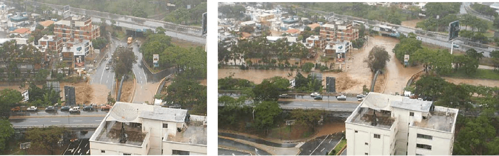 Figura 21. Inicio de la inundación del río Guaire en la California Sur en febrero 2005, causado por la contracción vertical que ejerce el puente. Observe la gran turbulencia del flujo al chocar con las vigas del tablero del puente (Fotos extraídas de Internet).