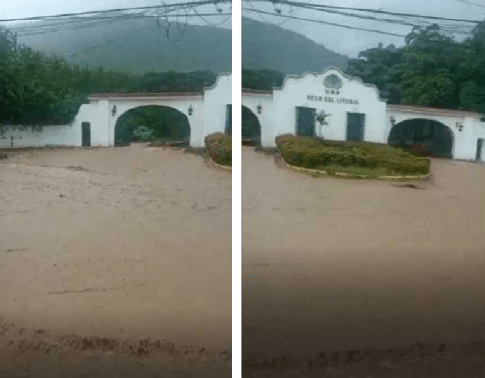 Figura 22. Vista de los desbordes del río Camurí Grande que inundaron las calles del núcleo de la USB, sede del litoral, el 28/08/21 (fotos extraídas de video de Internet).