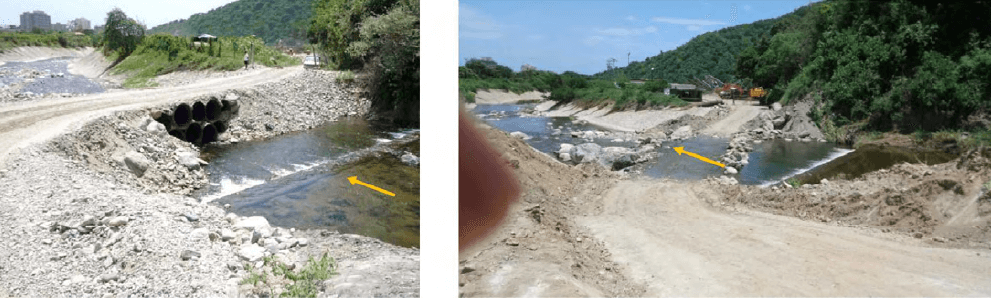 Figura 23. Cruce de carretera sobre canalización del río Camurí Grande, aguas arriba de la población. Vista del terraplén y batería de alcantarillas construido por la empresa arenera para el paso de camiones. Izquierda: foto tomada el año 2011 mostrando el terraplén recién construido (Foto de J.I. Sanabria); Derecha: foto tomada por el autor el 12/09/21, mostrando la destrucción del terraplén por los flujos de 28/08/21.