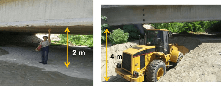 Figura 27. Vistas del puente en la Av. La Playa sobre el río San Julián. Izquierda: la luz del puente se había reducido el año 2016 a unos 2 m debido a la sedimentación del cauce, en donde la altura del canal era de 4 m. Derecha: trabajo de maquinarias removiendo la terraza sedimentaria de 2 m de espesor debajo del puente (Fotos de Mariela Gómez).