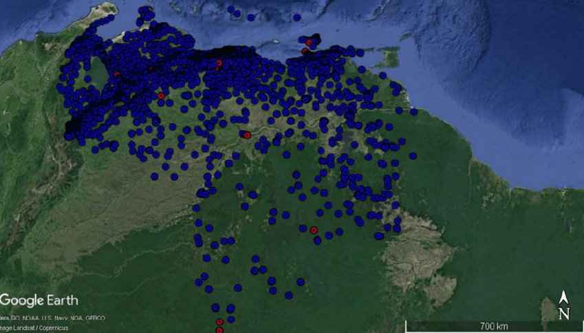 Figura 29. Mapa de ubicación de estaciones hidrometeorológicas en Venezuela, de acuerdo a la página web del INAMEH. (http://www.inameh.gob.ve/web/estaciones.php).