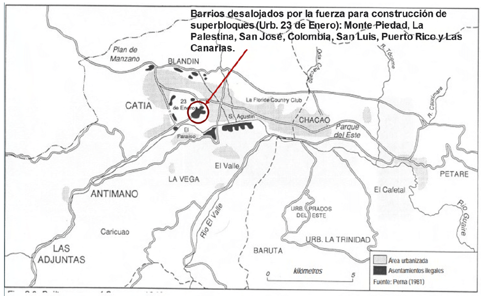 Figura 1. Áreas ocupadas por barrios autoproducidos en 1940. Fuente: Jiménez Díaz (1992), originalmente en Perna (1981).