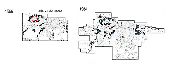 Figura 2. Crecimiento del área ocupada por barrios en Caracas entre 1966 y 1984. F/CABA, Cartografía de los barrios de Caracas. 1966-2014.