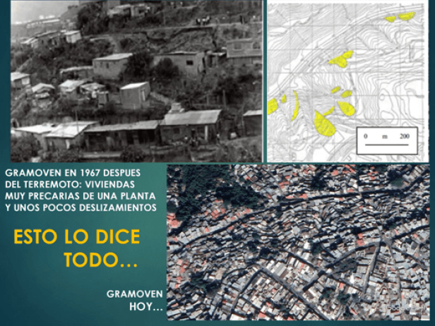 Figura 6. Barrio Gramoven y deslizamientos durante sismo de 1967; y Gramoven hoy en día. F/ Google Imágenes y Google Earth. Elaboración propia.