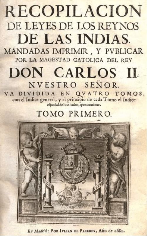 Portada de la Recopilación de las leyes de los Reynos de Las Indias.